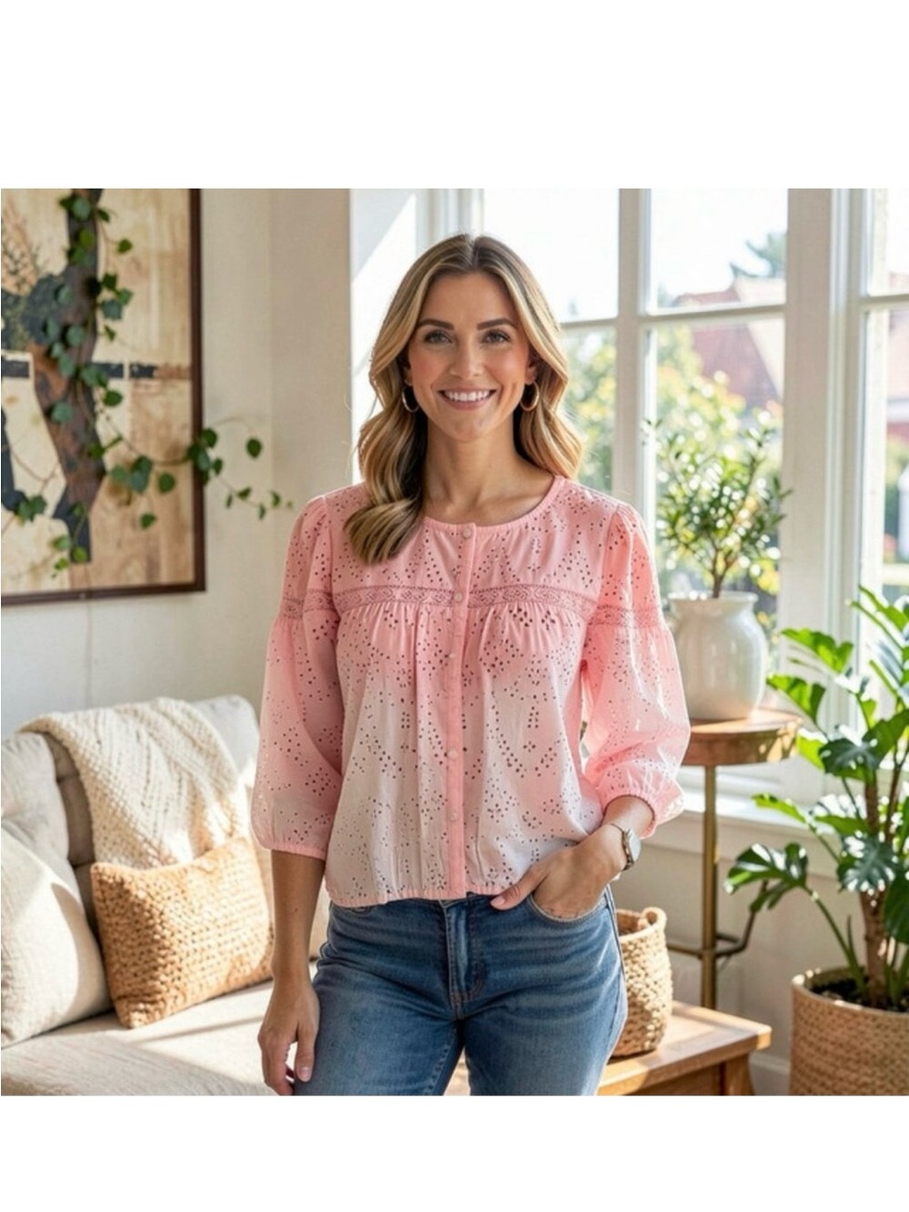 SANCTUARY Sz M Sugar Eyelet Lace Top Blouse Pink Gradient Like New Cottagecore
